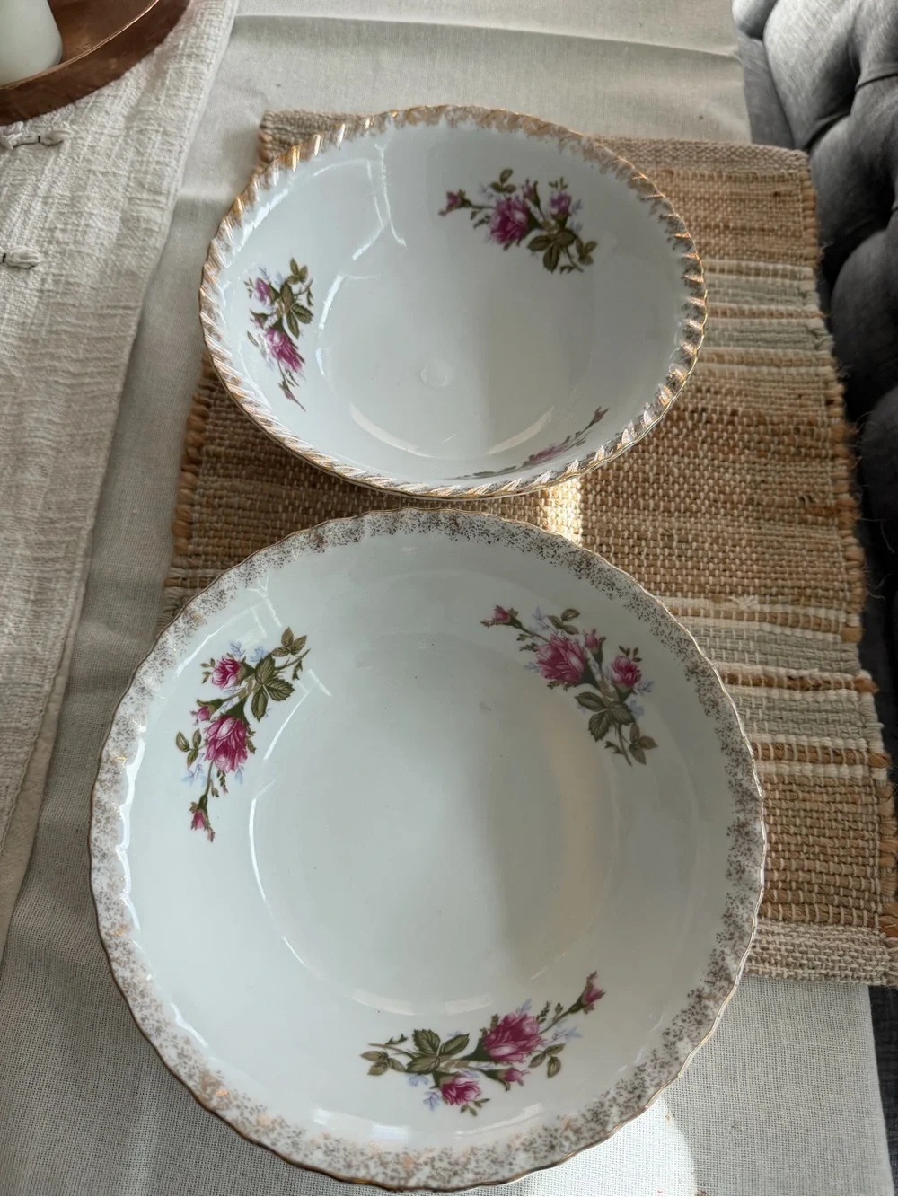 Classic Floral Porcelain Serving Bowls in White with Pink Rose Accents